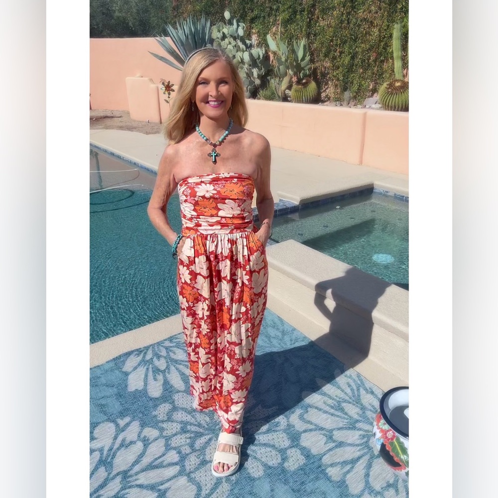 NWT Orange Floral Strapless Maxi Dress-S - Picture 4 of 10